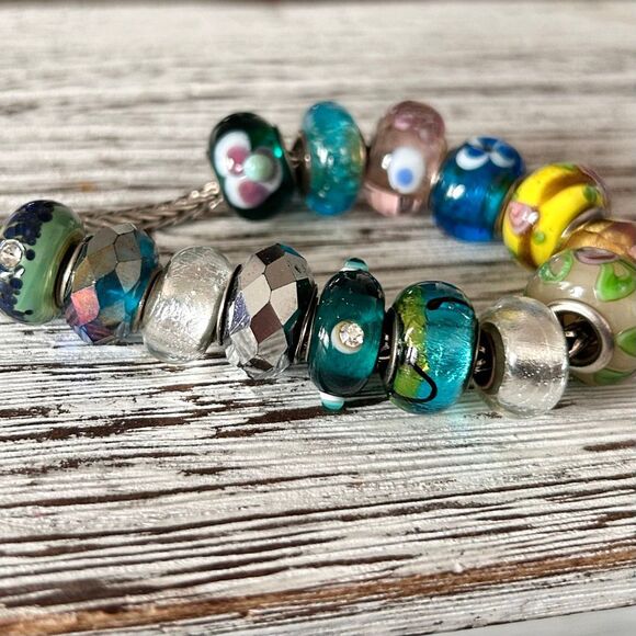 Lot Of 14 Designer Big Hole Murano Glass Charms Sterling Core, Colorful & Flower - Picture 2 of 16